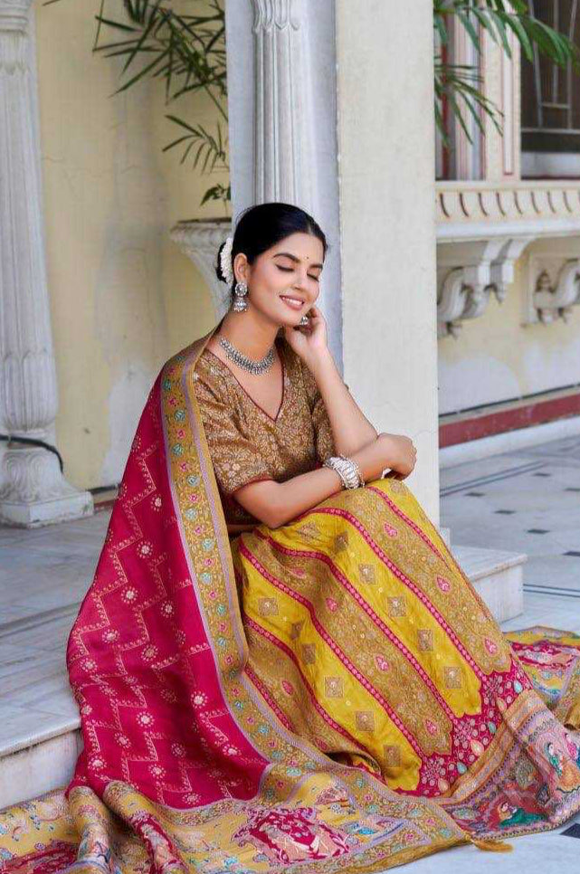 Lehenga in Vibrant pink & Mustard.