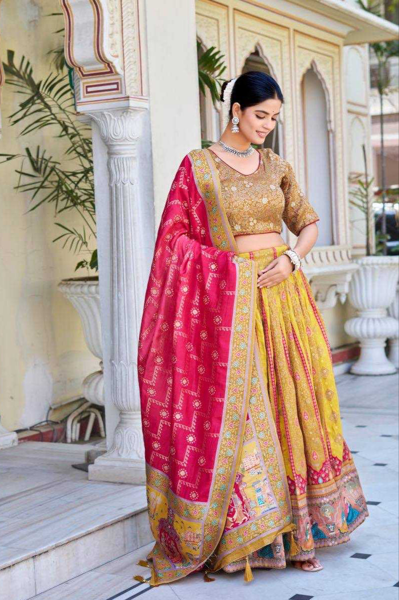 Lehenga in Vibrant pink & Mustard.