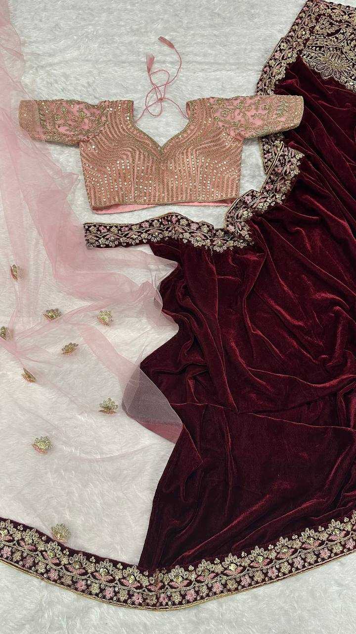Crimson Velvet Embroidered Saree