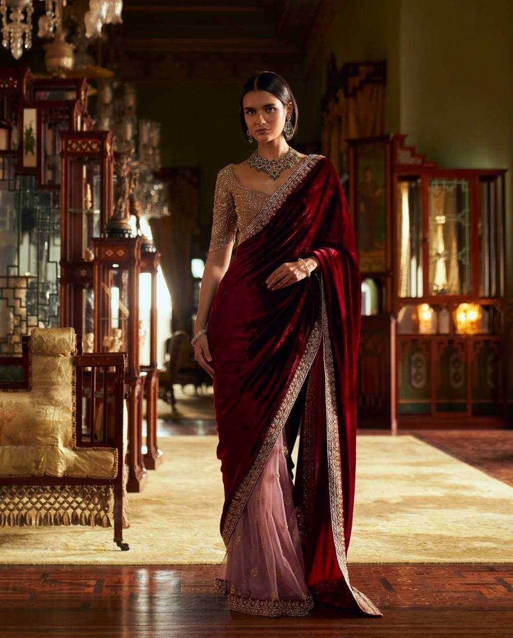 Crimson Velvet Embroidered Saree