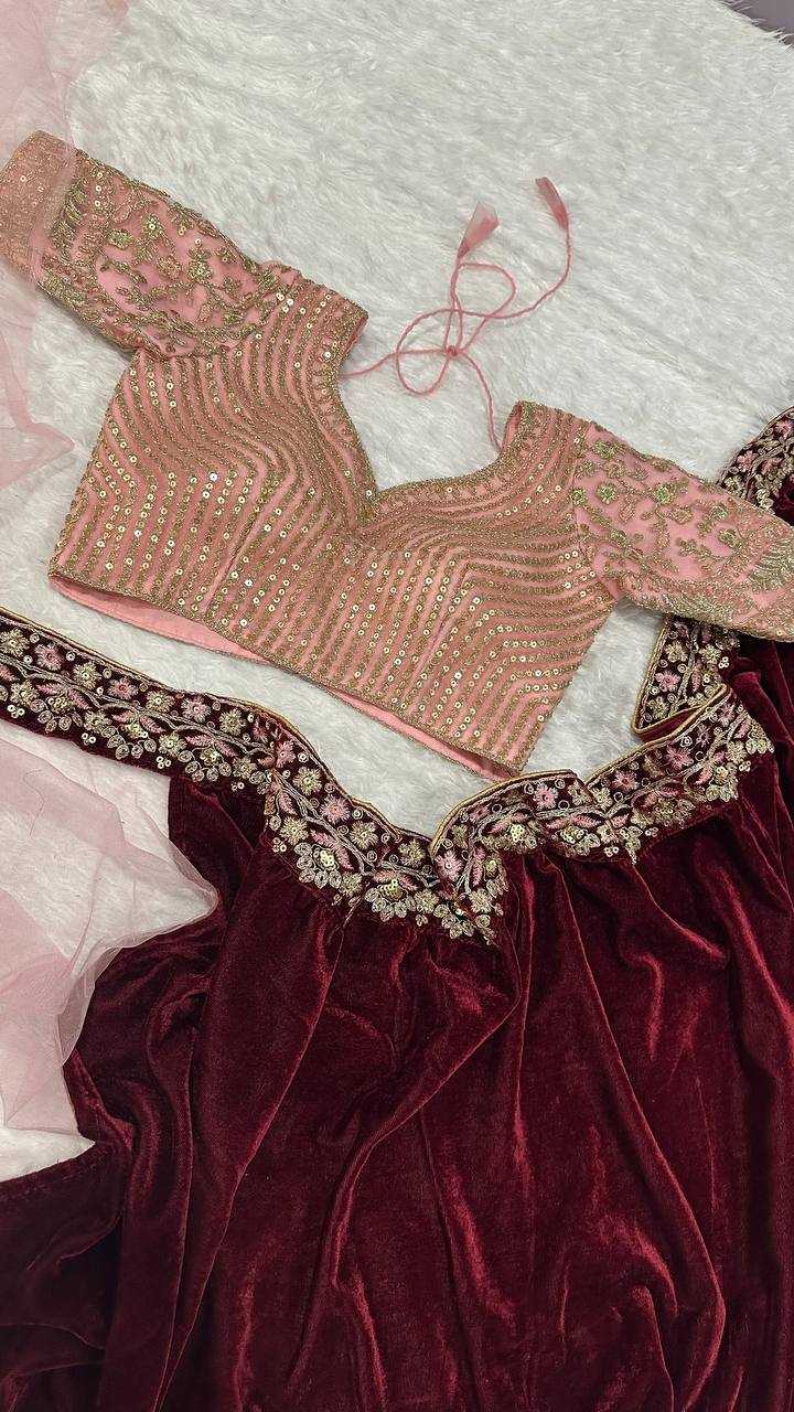 Crimson Velvet Embroidered Saree
