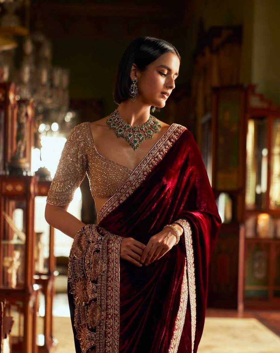 Crimson Velvet Embroidered Saree