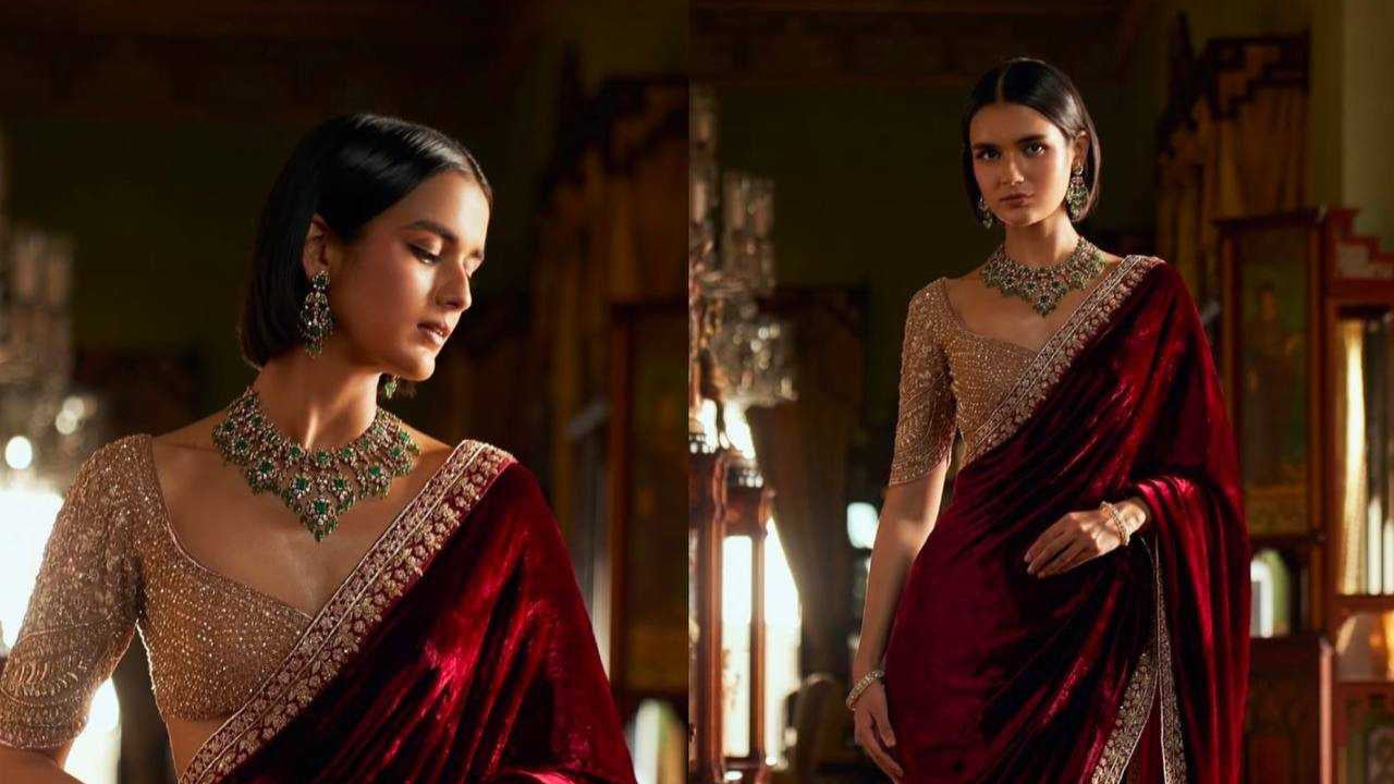 Crimson Velvet Embroidered Saree
